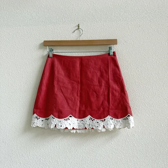 Tuckernuck Meg Mini Skirt Women Size S Red New Cotton Linen Eyelet Trim NYAP-12 - Picture 4 of 10